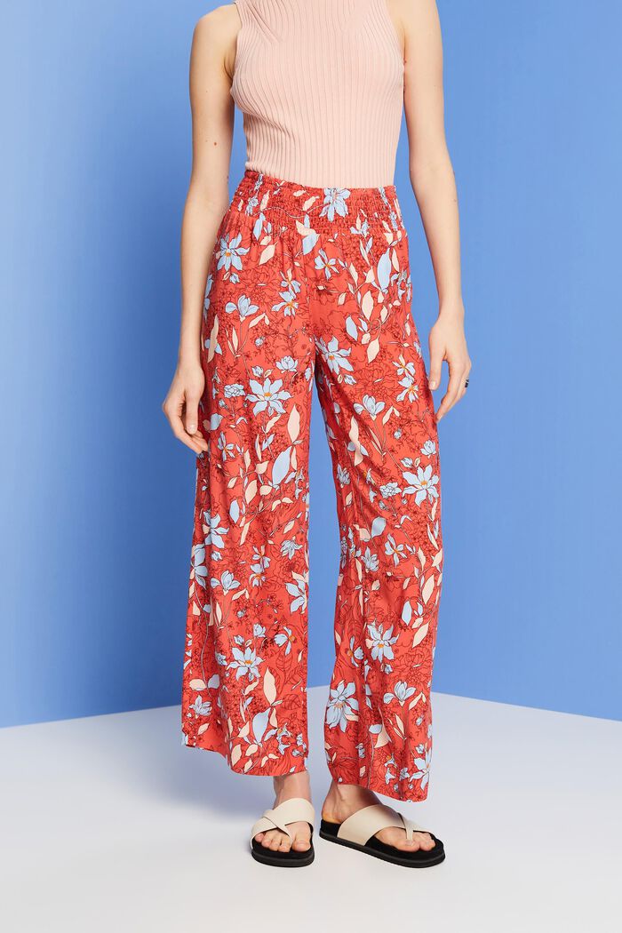 Patterned wide leg pull-on trousers, CORAL ORANGE, detail image number 0