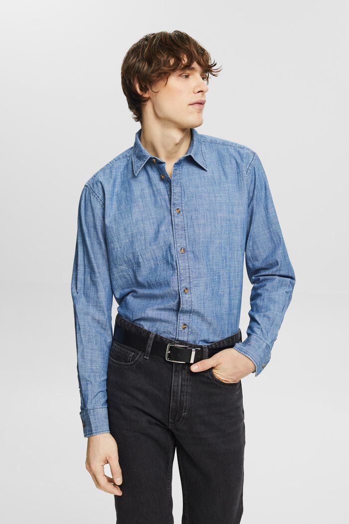 Denim Button-Down Shirt, BLUE MEDIUM WASHED, detail image number 0