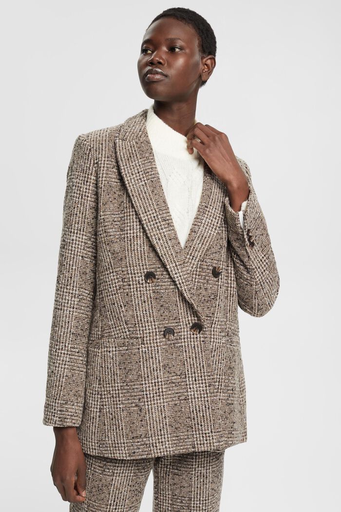 Checked wool blend bouclé blazer, BROWN, detail image number 0