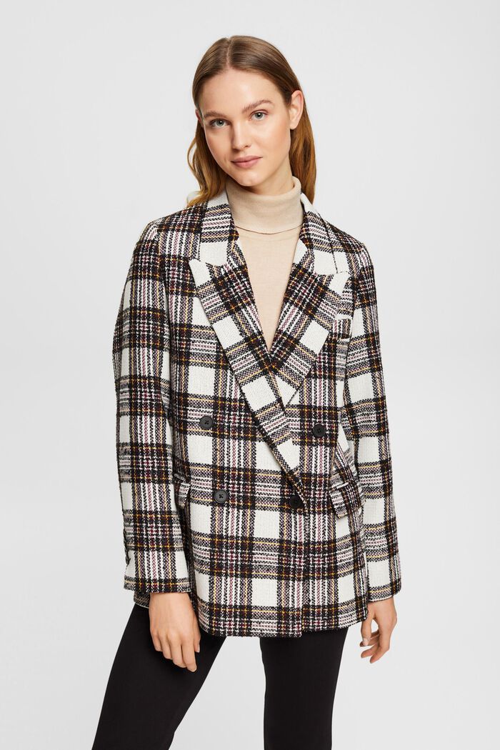 Checked double-breasted bouclé blazer, OFF WHITE, detail image number 1