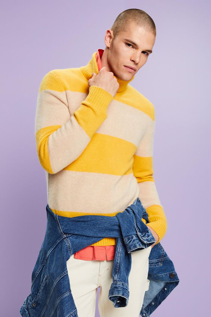 Cashmere Striped Turtleneck Sweater, YELLOW, detail image number 0