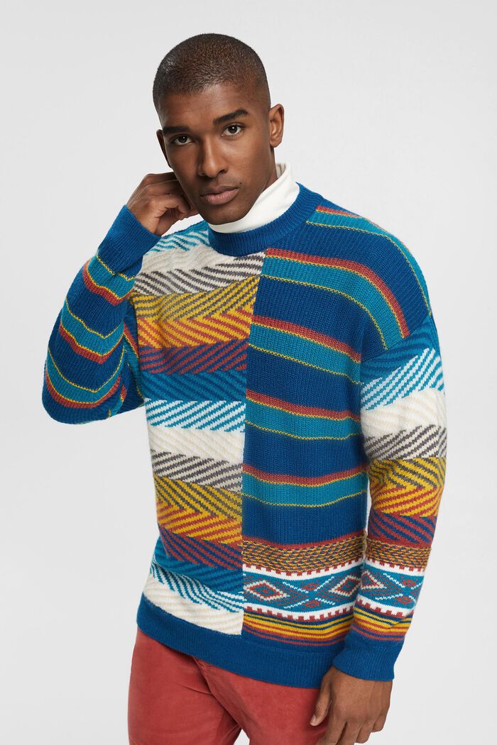 Knitted mixed pattern jumper, PETROL BLUE, detail image number 1