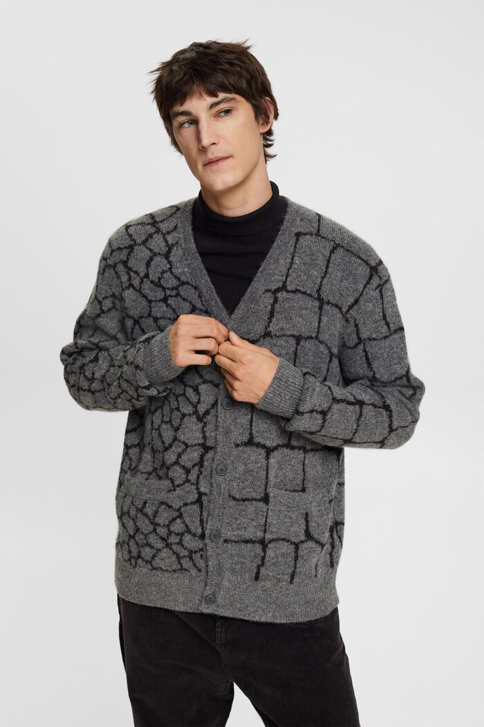 Brushed knit cardigan with pattern, DARK GREY, detail image number 0
