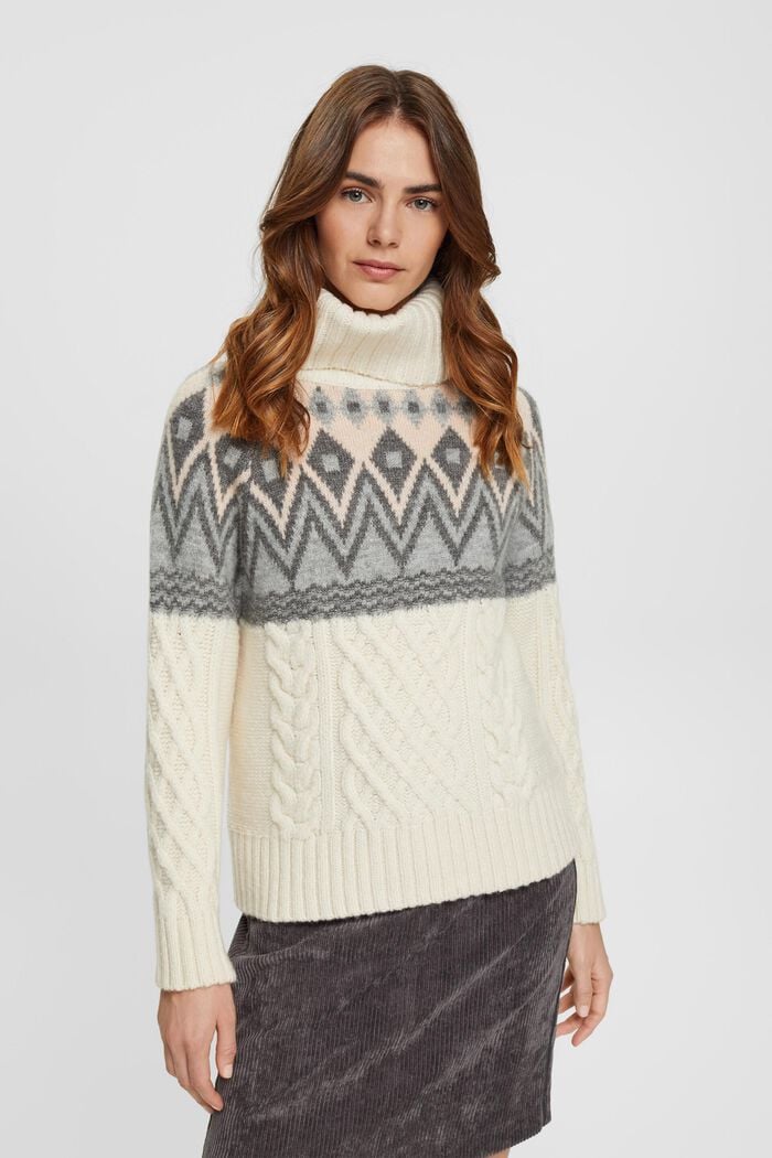 Jacquard knit roll neck jumper with wool, OFF WHITE, detail image number 0