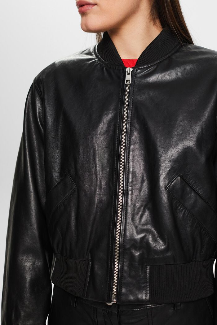 Leather Bomber Jacket, BLACK, detail image number 2