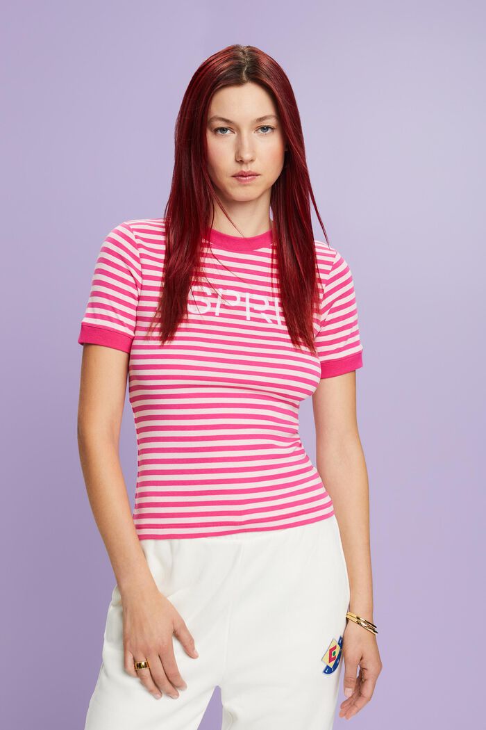Logo-Print Striped Cotton T-Shirt, PINK FUCHSIA, detail image number 2