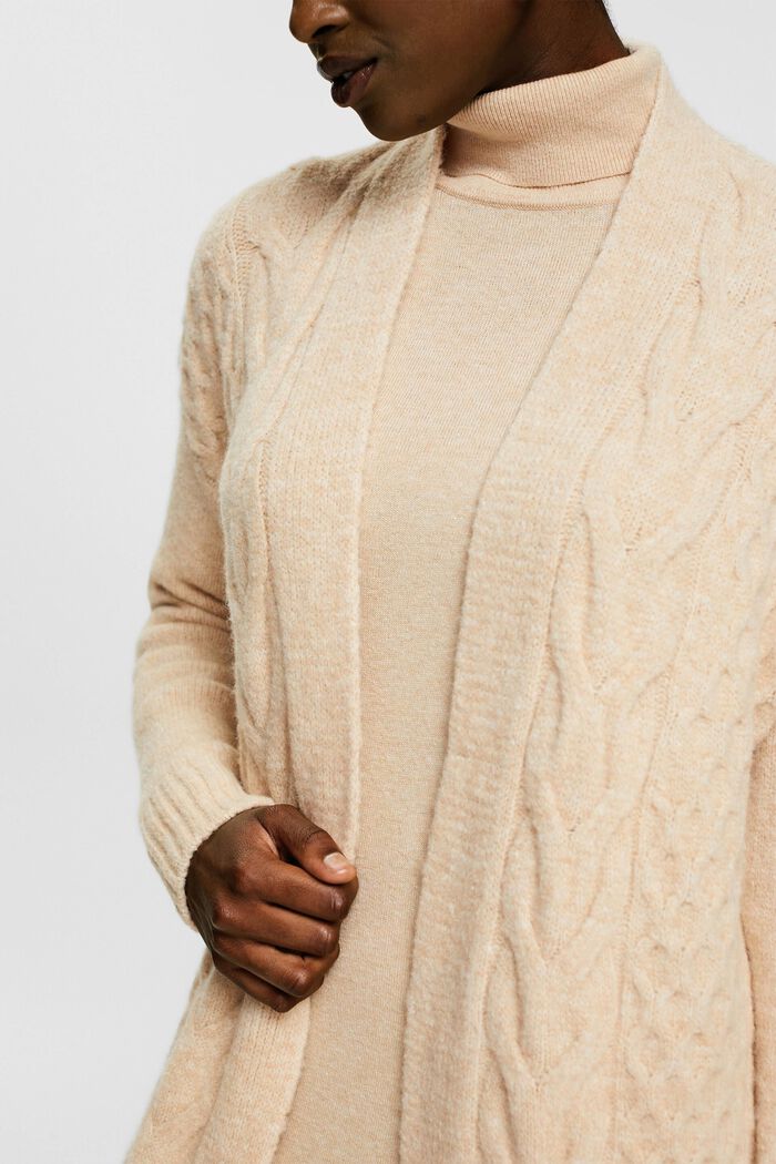 Long cable knit cardigan, wool blend, CREAM BEIGE, detail image number 4