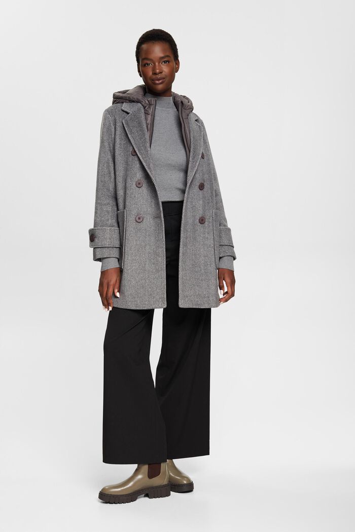 Wool blend coat with detachable hood, GUNMETAL, detail image number 1
