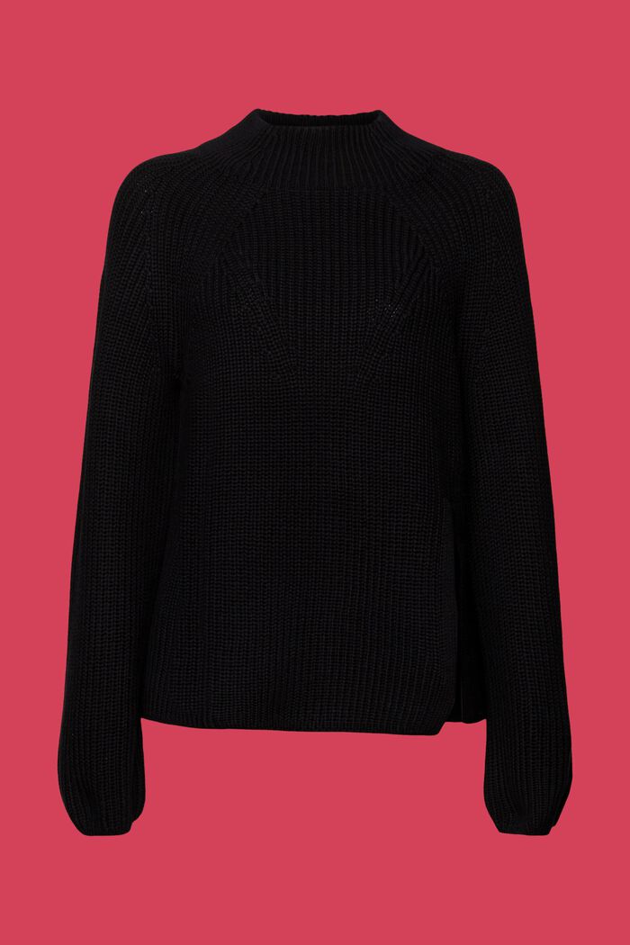 Slitted mock neck jumper, 100% cotton, BLACK, detail image number 5