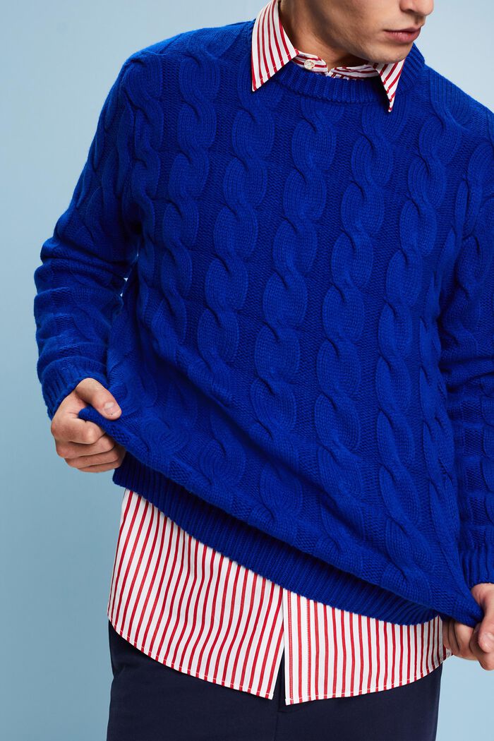 Wool Cable Knit Sweater, DARK BLUE, detail image number 3