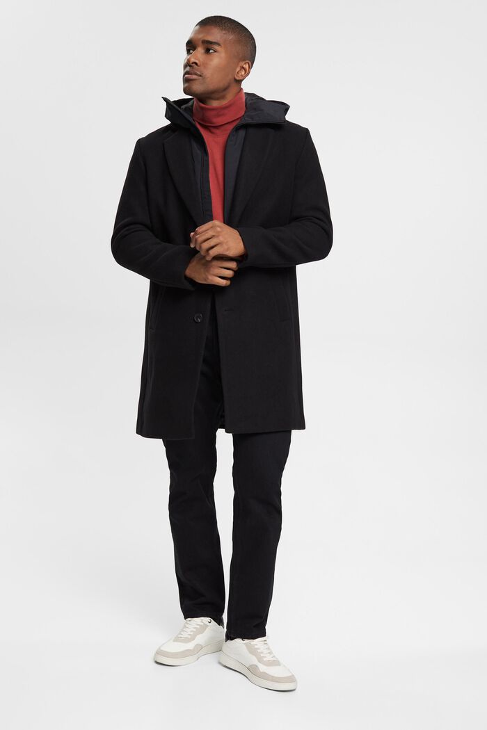 Wool blend coat with detachable hood, BLACK, detail image number 0