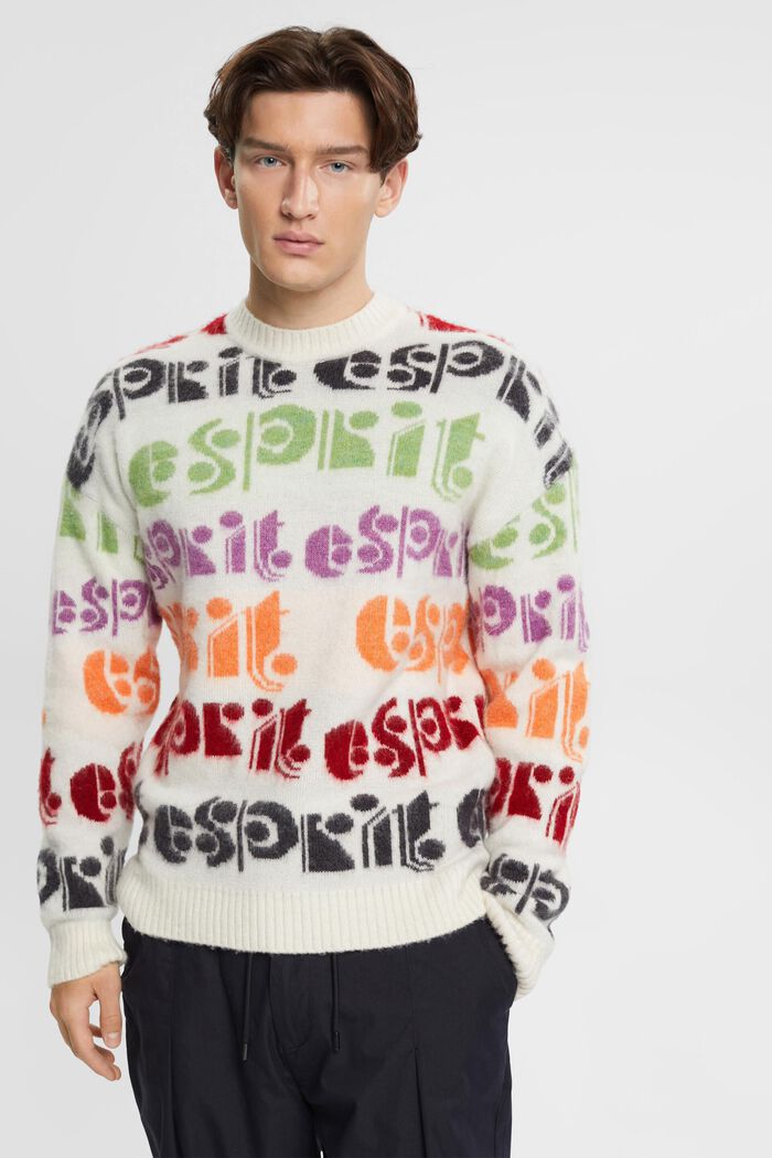 Wool blend jumper with colourful logo intarsia, OFF WHITE, detail image number 0
