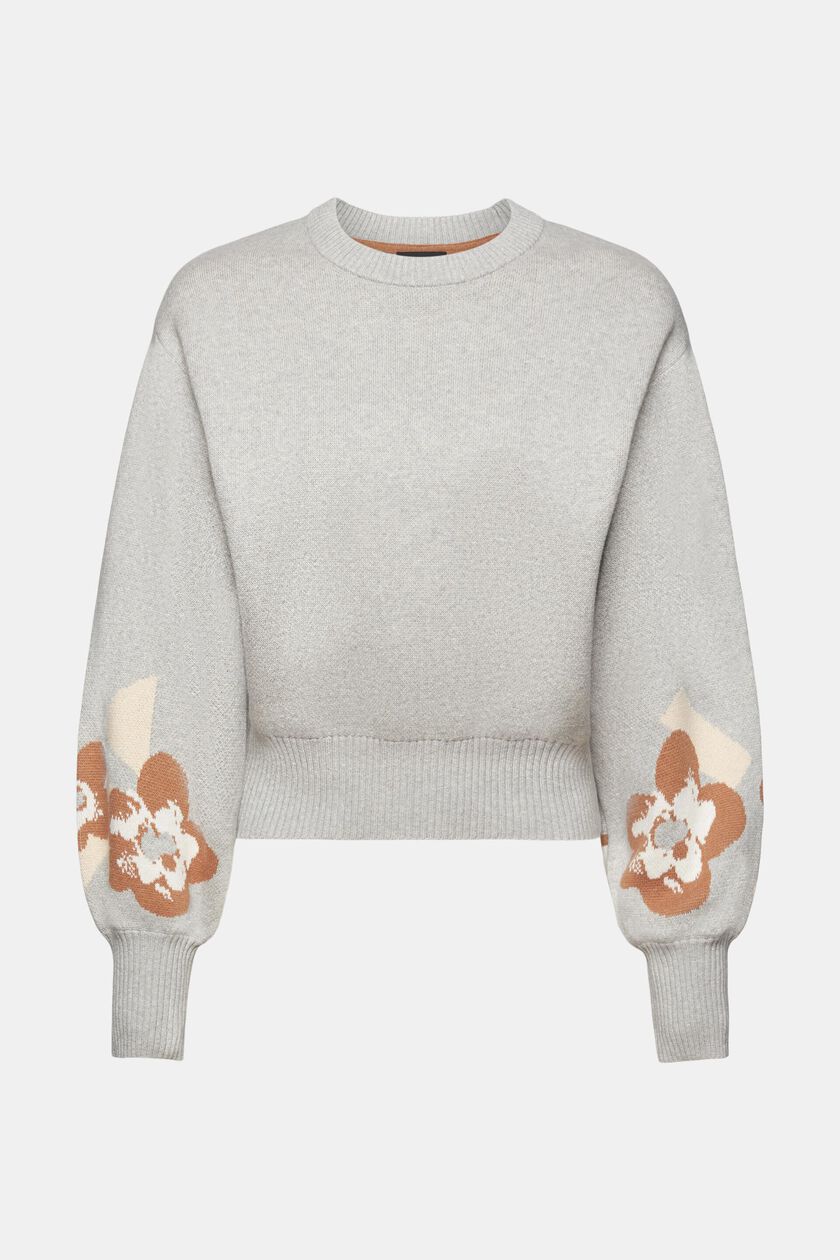 Puff sleeve cropped jumper with floral jacquard