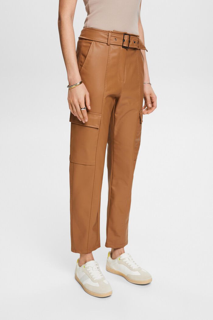Faux leather trousers with belt, CARAMEL, detail image number 0