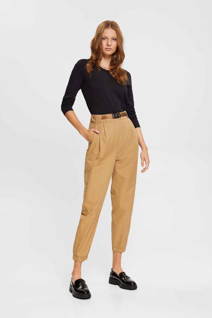 Balloon fit trousers with elasticated hem, KHAKI BEIGE, detail image number 5