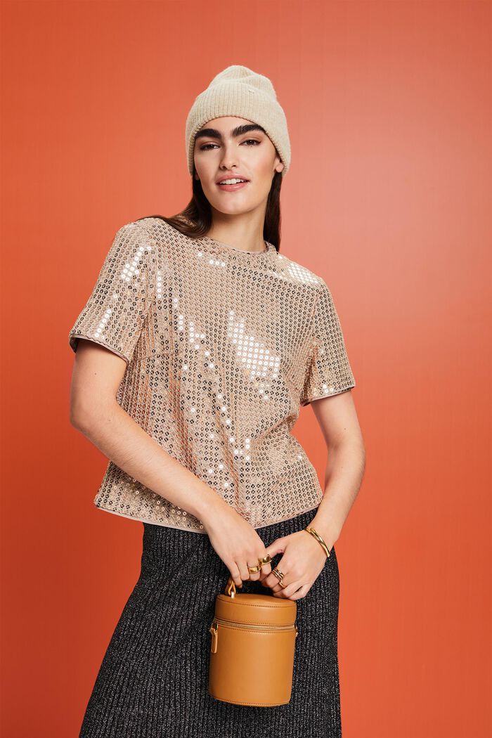 Sequin Short-Sleeve Blouse, LIGHT TAUPE, detail image number 4