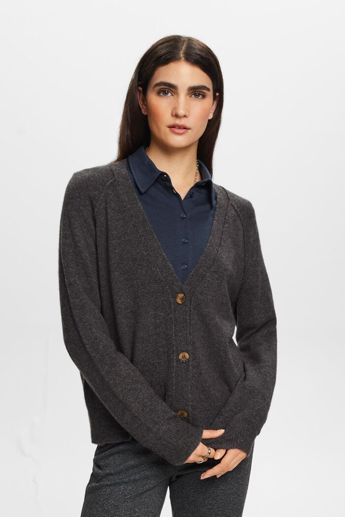 Buttoned V-neck cardigan, wool blend, ANTHRACITE, detail image number 0
