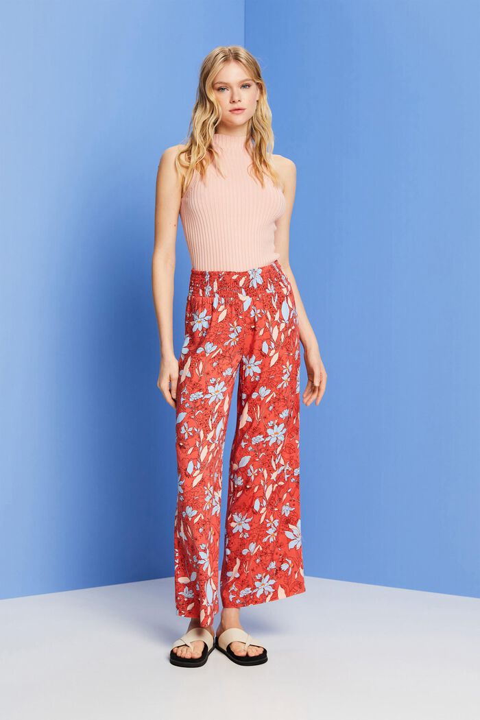 Patterned wide leg pull-on trousers, CORAL ORANGE, detail image number 4
