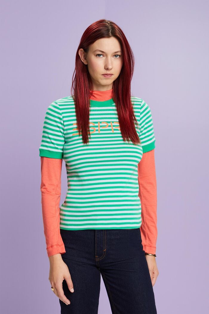 Logo-Print Striped Cotton T-Shirt, NEW GREEN, detail image number 0