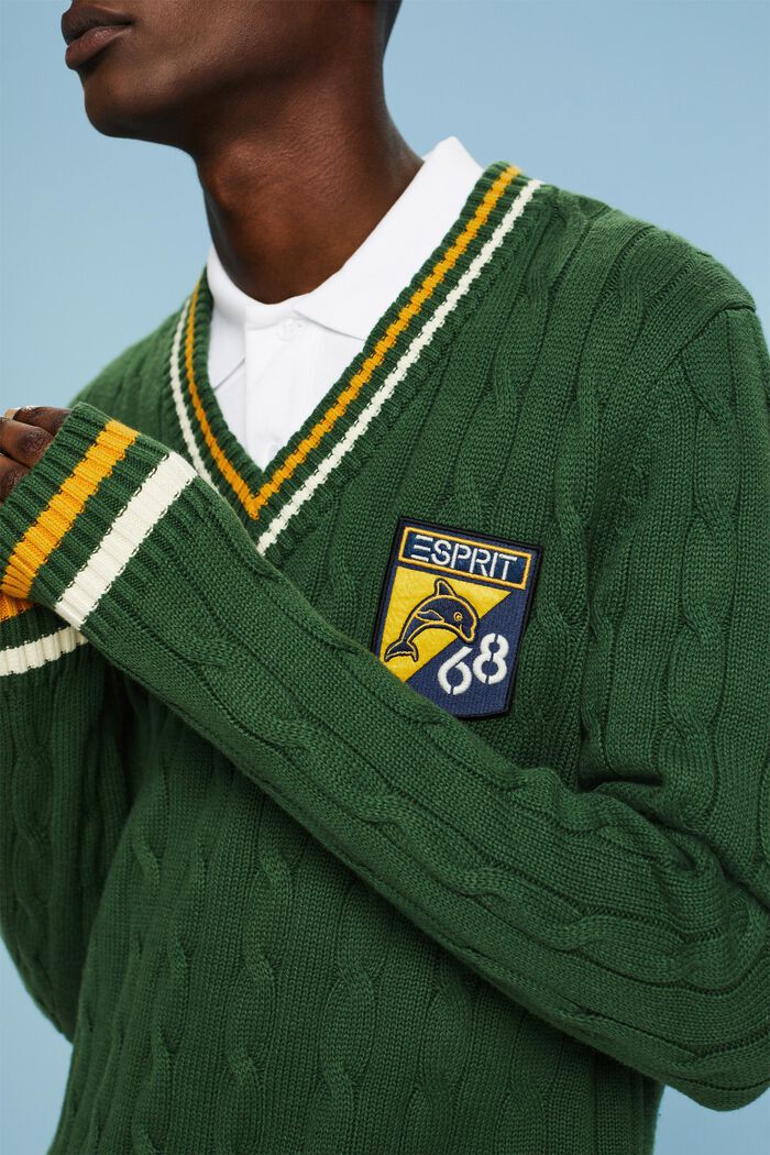Logo Appliqué Cable Knit Sweater, EMERALD GREEN, detail image number 3