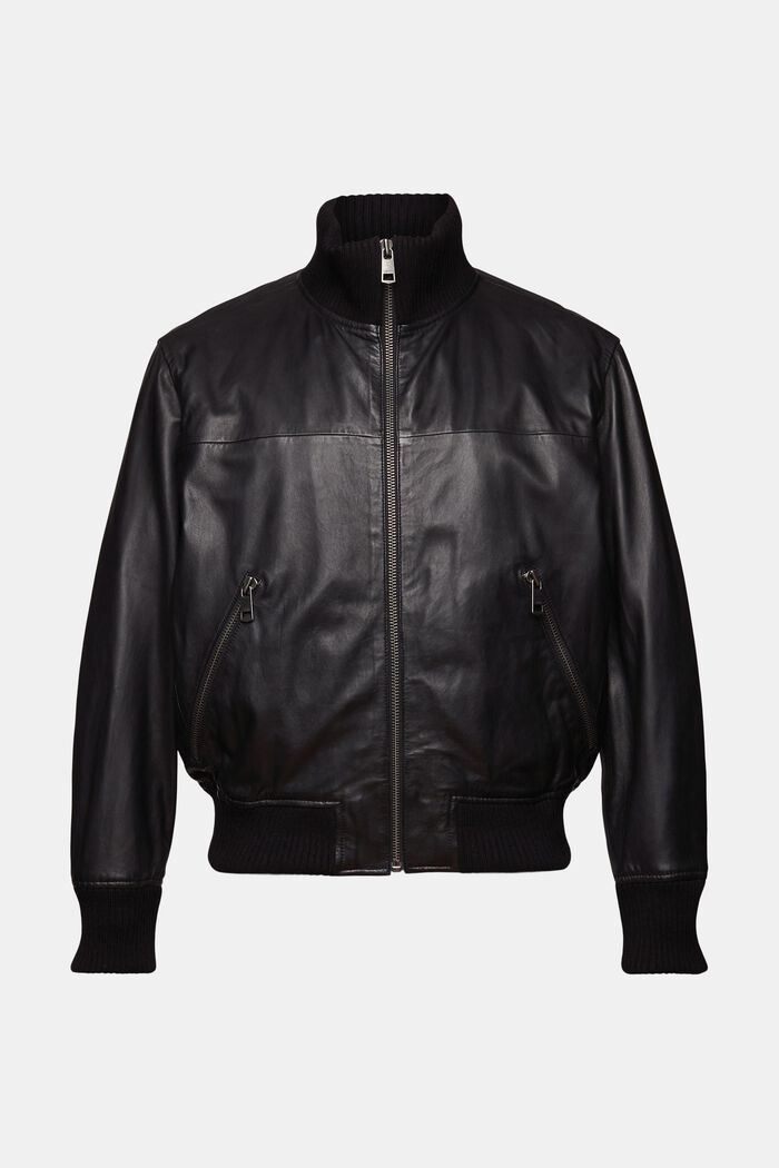 Leather Bomber Jacket, BLACK, detail image number 6