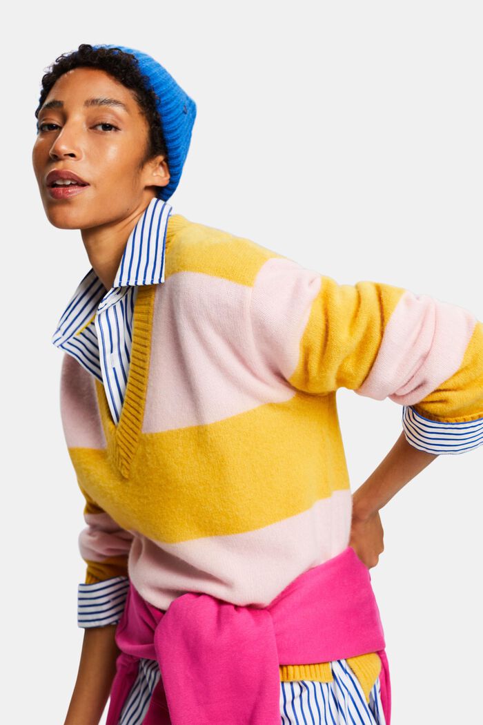 Cashmere V-Neck Rugby Stripe Sweater, YELLOW, detail image number 0