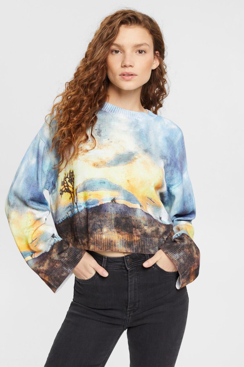 All-over landscape digital print cropped sweater