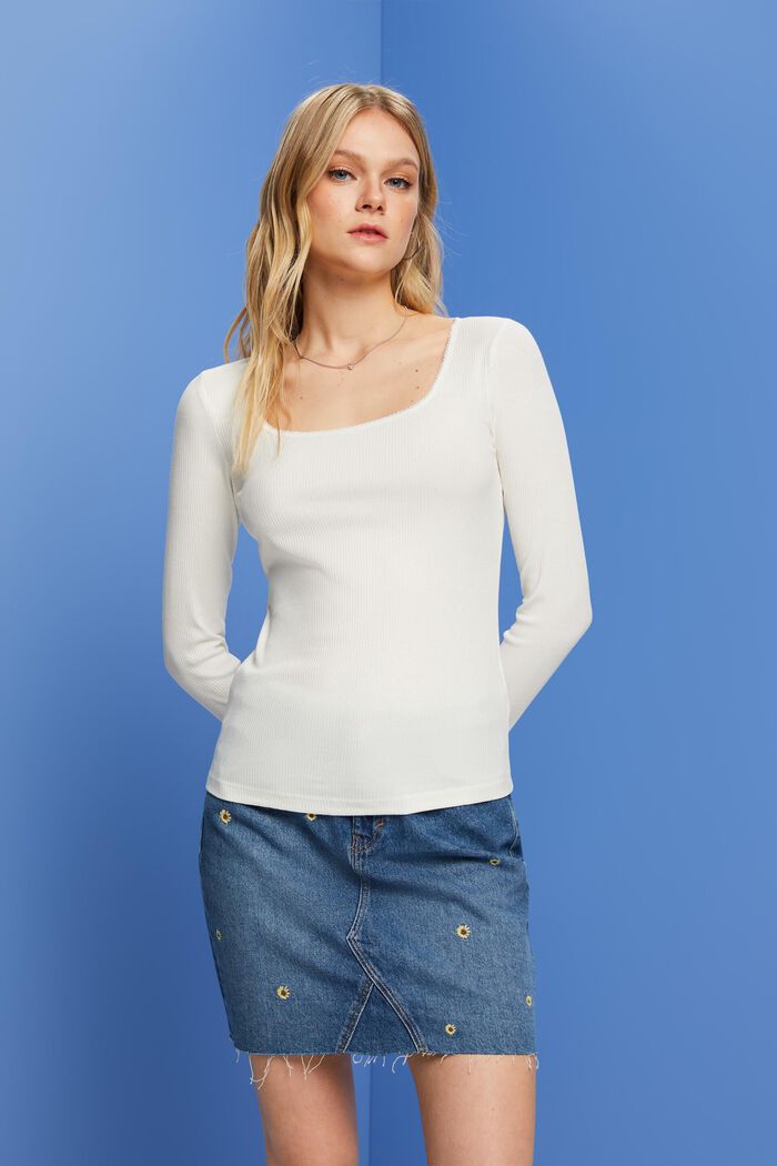 Ribbed long sleeve top, OFF WHITE, detail image number 0