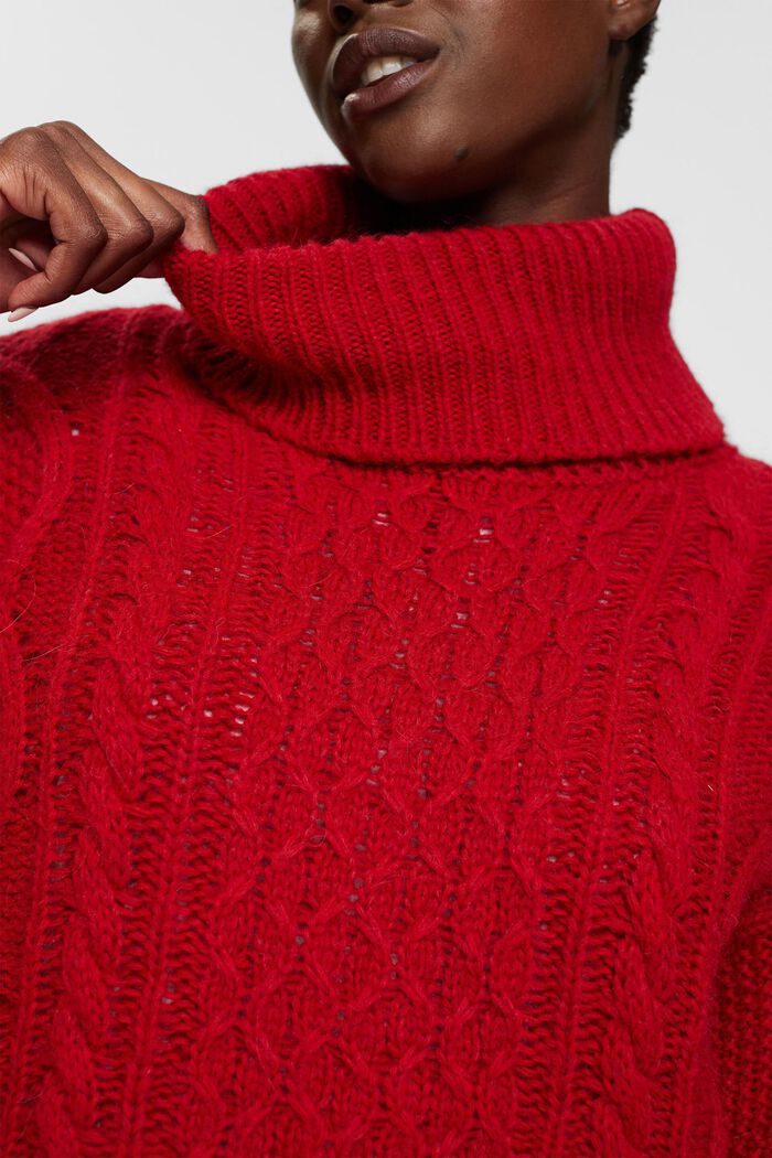 Roll neck cable knit sweater with wool, DARK RED, detail image number 2