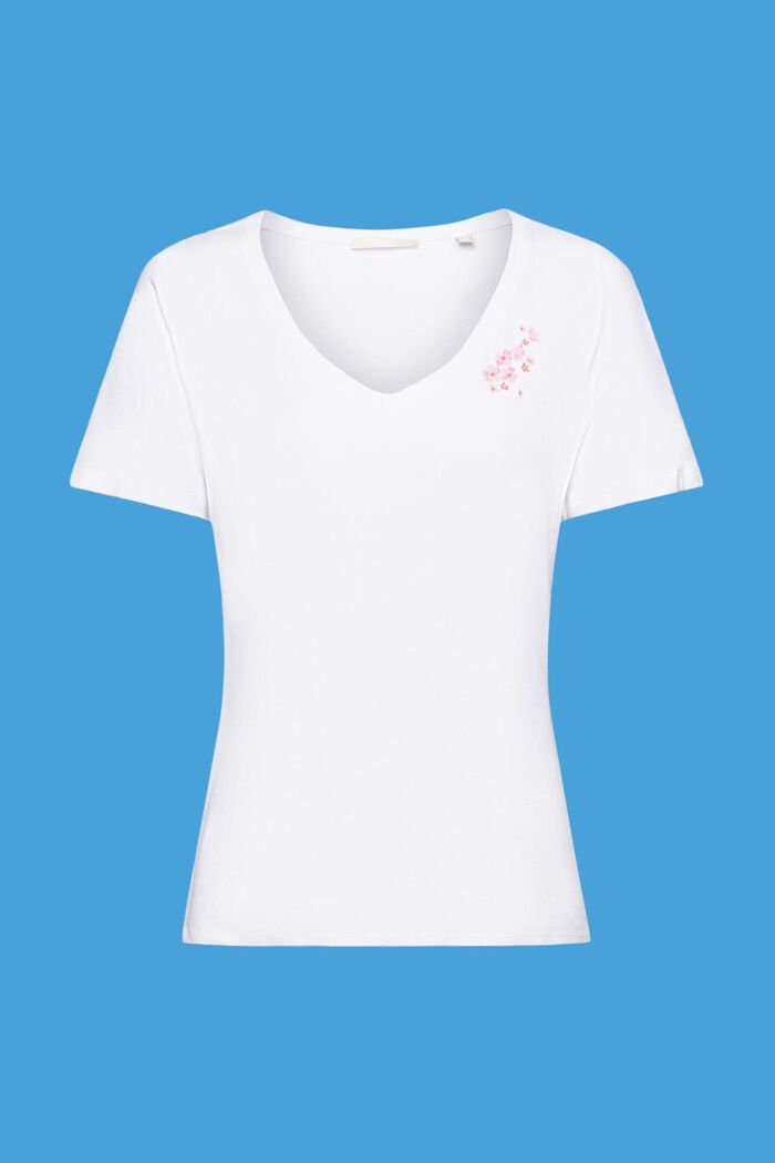 V-neck t-shirt with floral embroidery, WHITE, detail image number 5