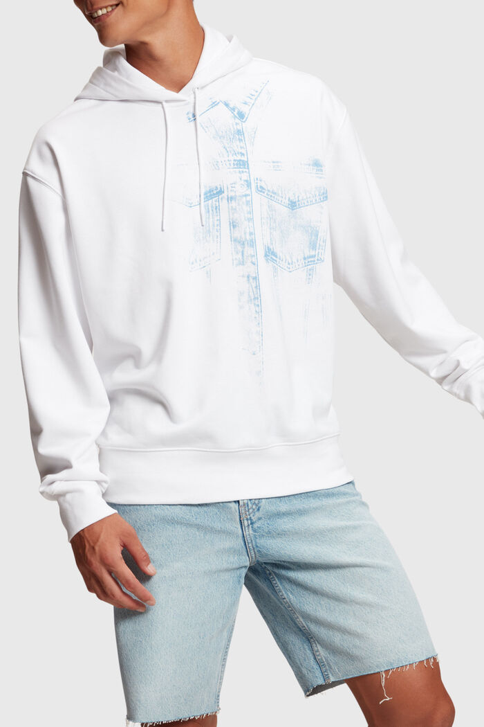 Denim Not Denim placement indigo print hoodie​, WHITE, detail image number 0