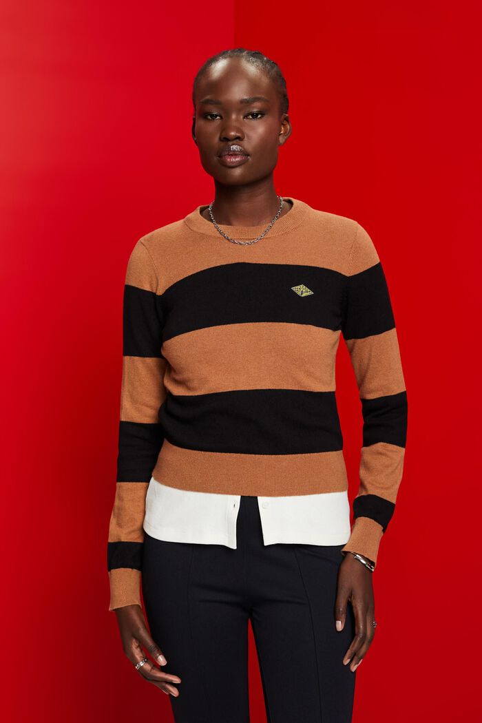 Striped cotton jumper with cashmere, TOFFEE, detail image number 0