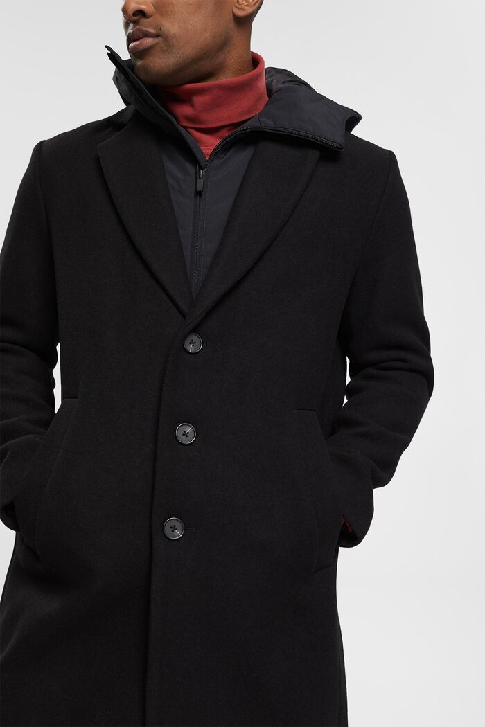 Wool blend coat with detachable hood, BLACK, detail image number 2