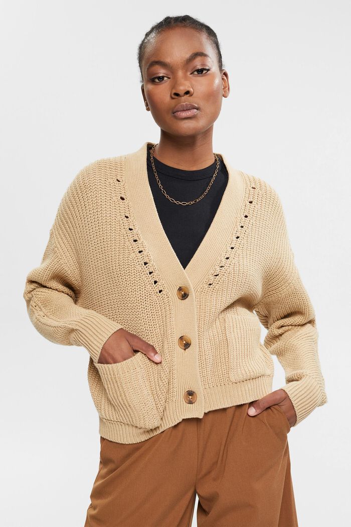 Chunky-knit cotton blend cardigan, SAND, detail image number 0