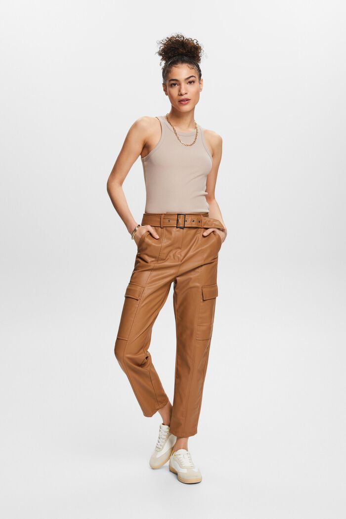 Faux leather trousers with belt, CARAMEL, detail image number 1