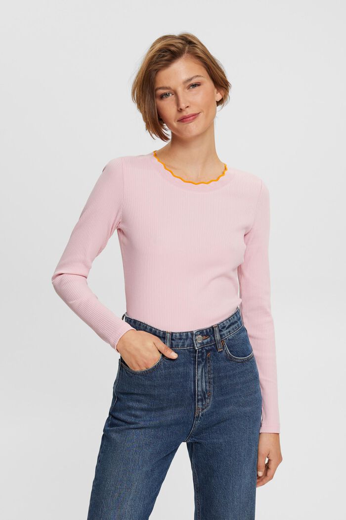 Ribbed long sleeve, stretch cotton, LIGHT PINK, detail image number 0