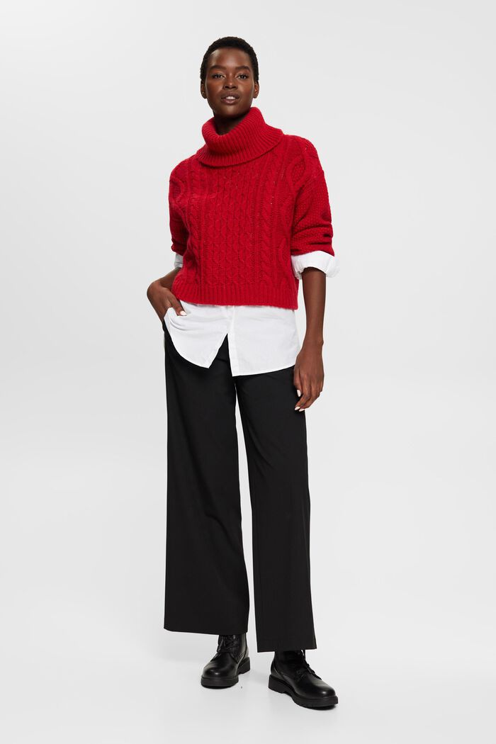 Roll neck cable knit sweater with wool, DARK RED, detail image number 4