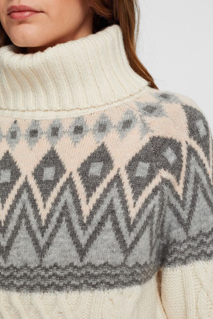 Jacquard knit roll neck jumper with wool, OFF WHITE, detail image number 2