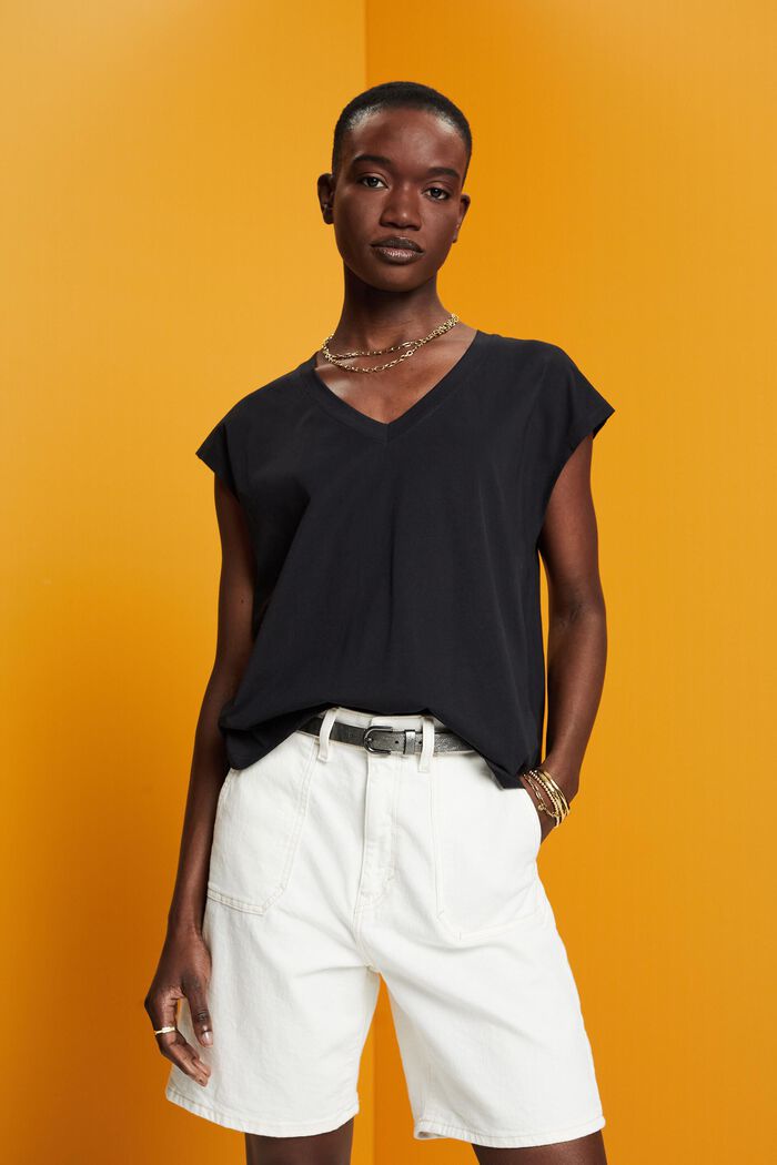 V-neck sleeve-less cotton T-shirt, BLACK, detail image number 0