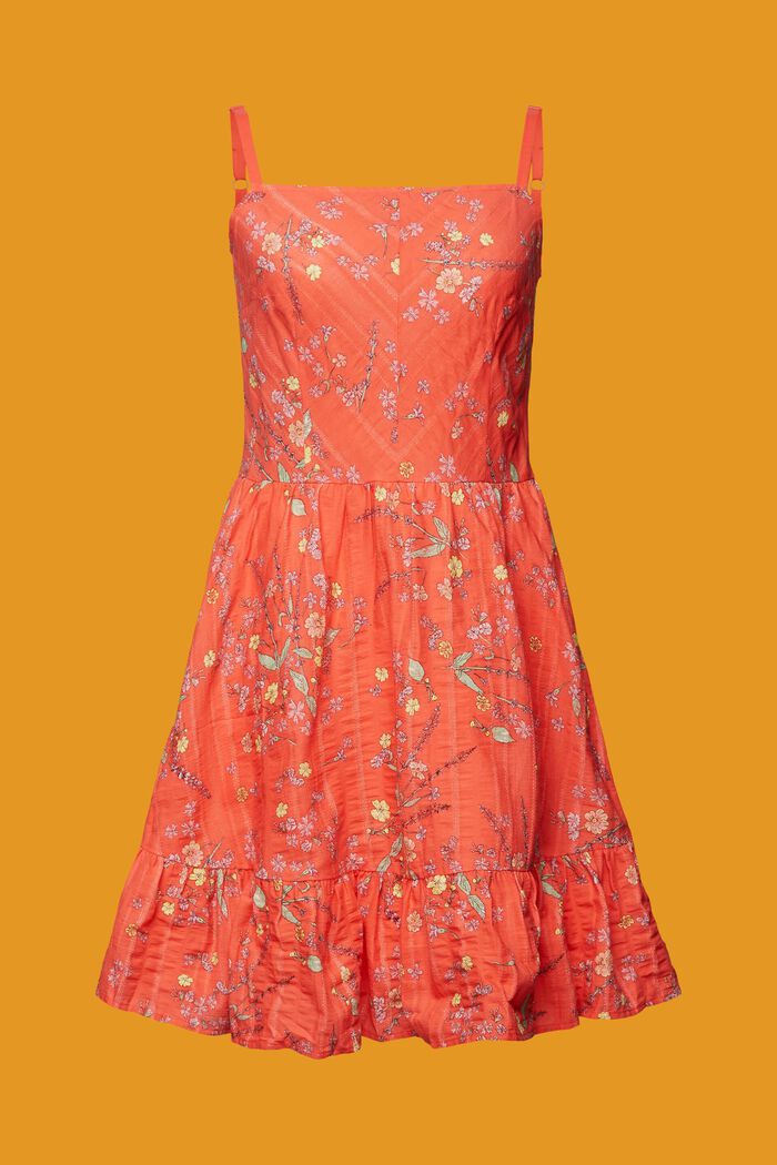 Floral Print Cotton Knee-Length Dress, CORAL ORANGE, detail image number 6