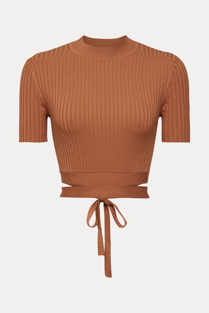 Tie Detail Ribbed Knit Cropped Top, BROWN, detail image number 2