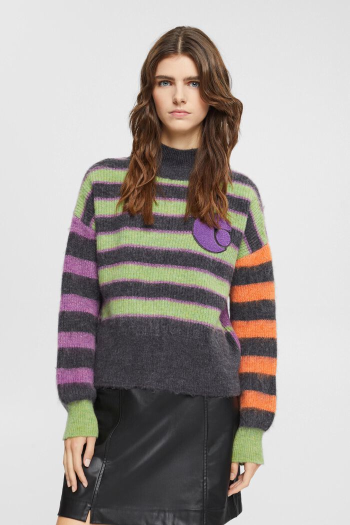 Striped sweater with logo patch, ANTHRACITE, detail image number 1