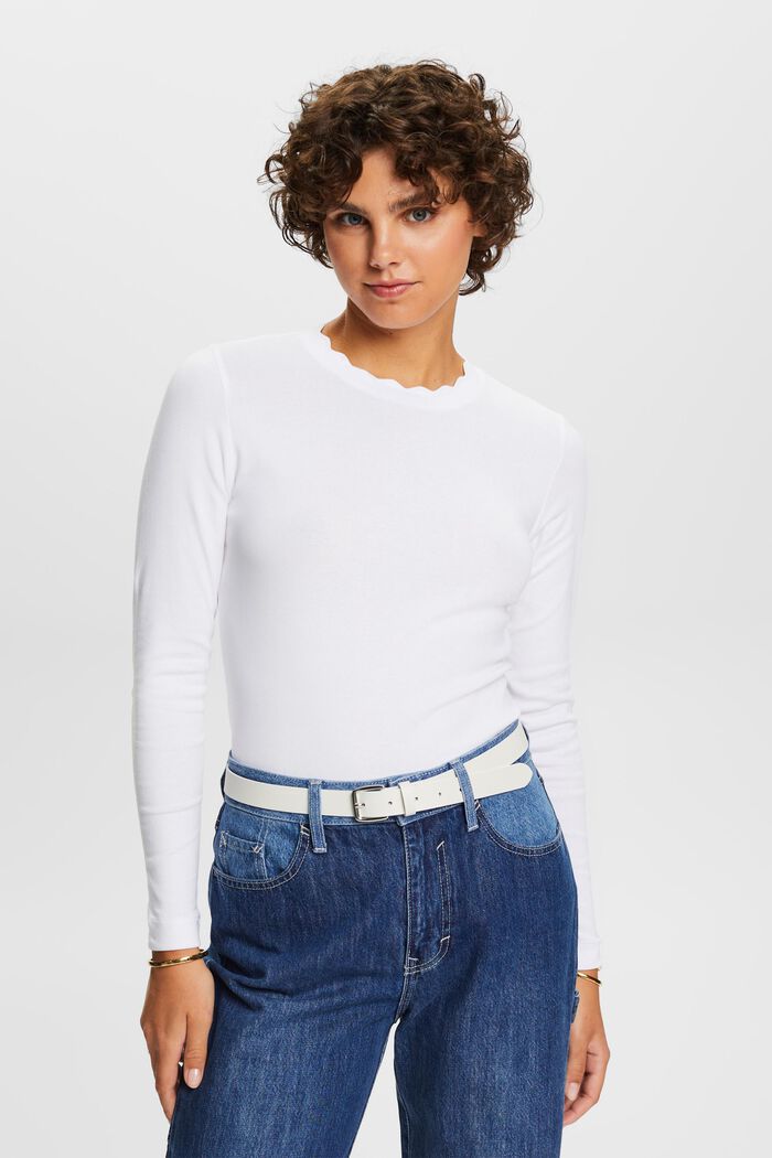 Scallop-Trim Cotton Jersey Top, WHITE, detail image number 2