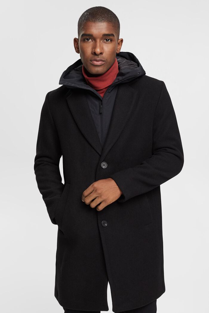 Wool blend coat with detachable hood, BLACK, detail image number 1