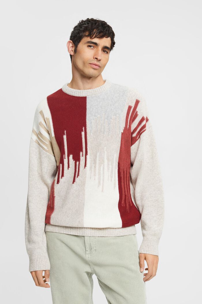 Jacquard jumper with wool blend, CREAM BEIGE, detail image number 0