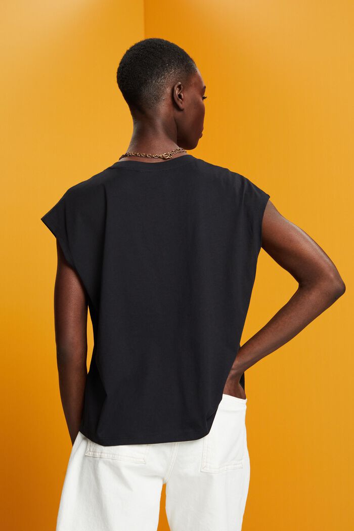 V-neck sleeve-less cotton T-shirt, BLACK, detail image number 3