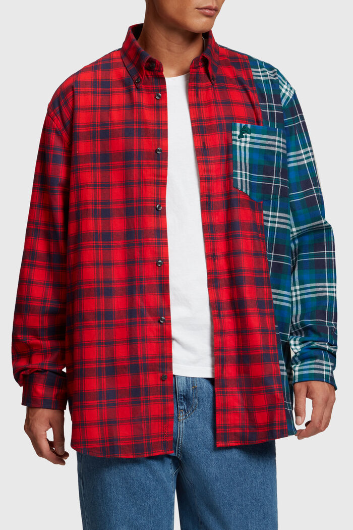 Mixed check patchwork flannel shirt, RED, detail image number 0